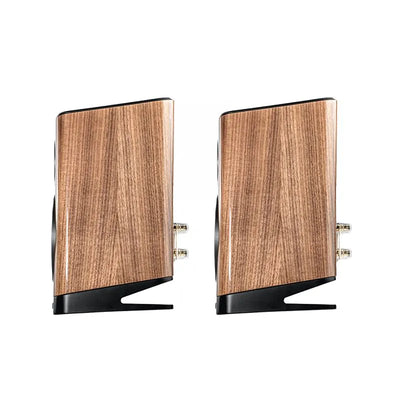 Boxe Elac Vela BS 403.2, vedere laterală, finisaj walnut, conectori bi-wire vizibili pe spate.