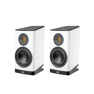 Boxe Elac Vela BS 403.2 albe, vedere frontală, cu difuzor de bass și tweeter vizibile pe ambele unități.