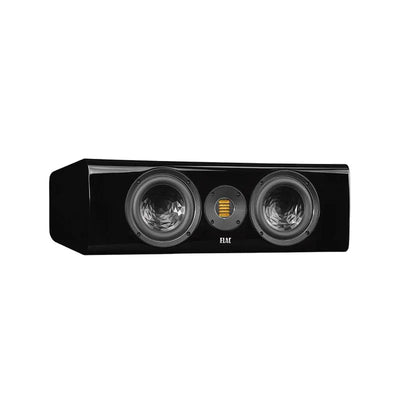 Boxă centru Elac Vela CC 401.2 negru lucios, vedere frontală cu două woofere și tweeter AMT vizibile.