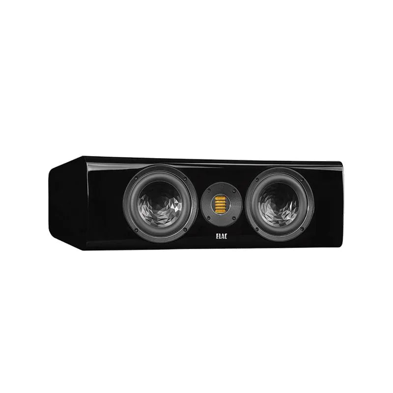 Boxă centru Elac Vela CC 401.2 negru lucios, vedere frontală cu două woofere și tweeter AMT vizibile.#color_black