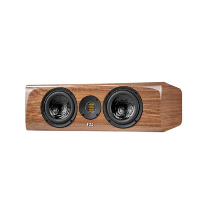 Boxă centrală Elac Vela CC 401.2 finisaj lemn, vedere frontală cu două difuzoare și tweeter AMT vizibile.