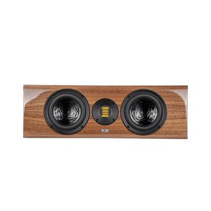 Boxă centrală Elac Vela CC 401.2, vedere frontală, finisaj nuc, cu două difuzoare midbass și tweeter AMT.