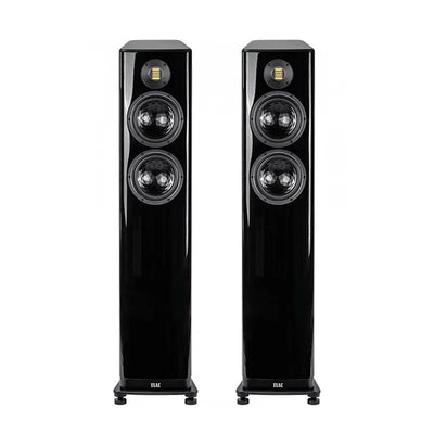 Boxe de podea Elac Vela FS 408.2 negre, vedere frontală, cu două difuzoare midbass și un tweeter AMT.