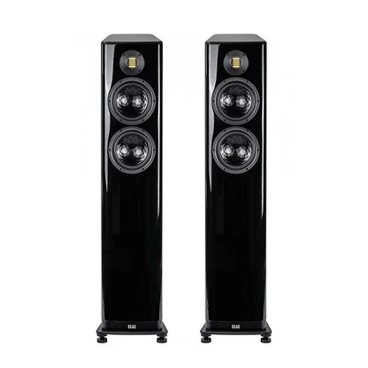 Boxe de podea Elac Vela FS 408.2 negre, vedere frontală, cu două difuzoare midbass și un tweeter AMT.