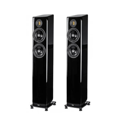 Boxe de podea Elac Vela FS 408.2 negre, vedere frontală, două difuzoare midbass și tweeter AMT vizibile.