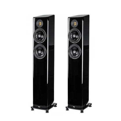 Boxe de podea Elac Vela FS 408.2 negre, vedere frontală, două difuzoare midbass și tweeter AMT vizibile.