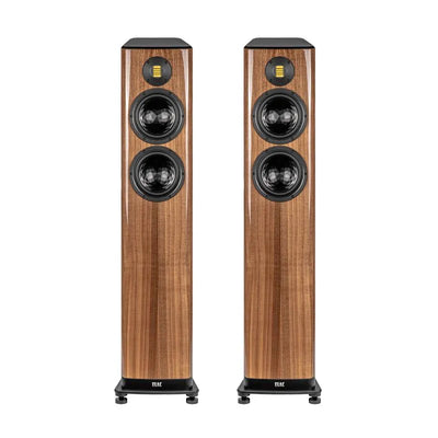 Boxe de podea Elac Vela FS 408.2 culoare walnut, vedere frontală cu două difuzoare midbass și un tweeter.