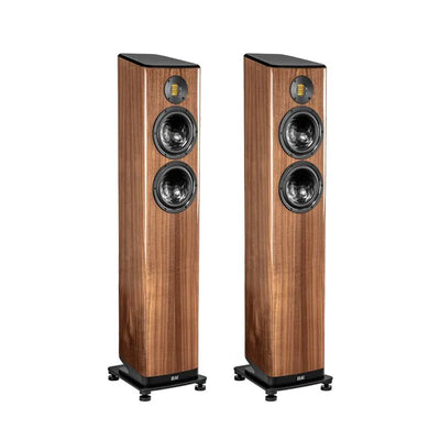 Boxe de podea Elac Vela FS 408.2 finisaj nuc, vedere frontală, 2 difuzoare midbass și tweeter AMT.