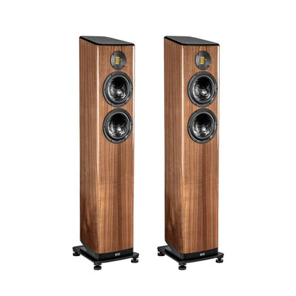 Boxe de podea Elac Vela FS 408.2 finisaj nuc, vedere frontală, 2 difuzoare midbass și tweeter AMT.