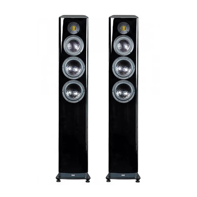 Boxe de podea Elac Vela FS 409.2 negre, vedere frontală, 4 difuzoare vizibile inclusiv ribbon tweeter.