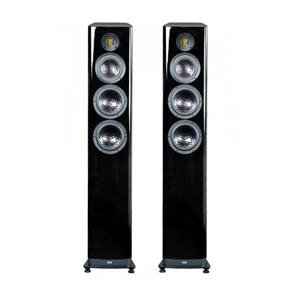 Boxe de podea Elac Vela FS 409.2 negre, vedere frontală, 4 difuzoare vizibile inclusiv ribbon tweeter.