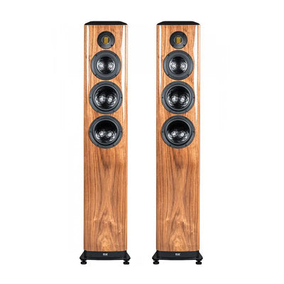 Boxe de podea Elac Vela FS 409.2 finisaj walnut, vedere frontală, 4 difuzoare vizibile pe fiecare unitate.