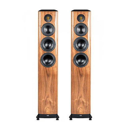 Boxe de podea Elac Vela FS 409.2 finisaj walnut, vedere frontală, 4 difuzoare vizibile pe fiecare unitate.