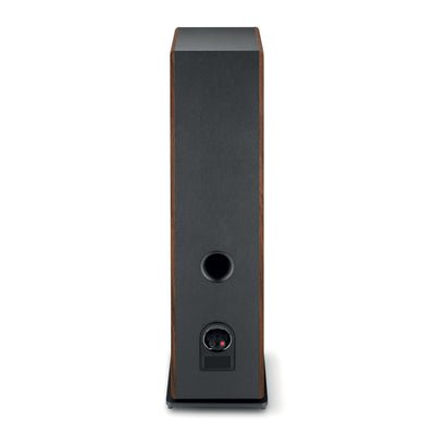 Focal Vestia N4 Boxe de podea, vedere din spate, culoare dark wood, port bass reflex și conectori vizibili.