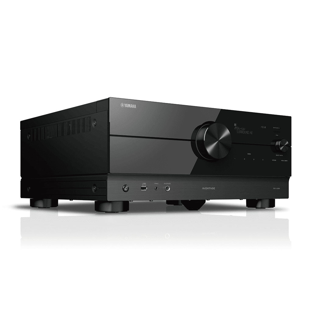 Yamaha RX-A4A Receiver AV, vedere din stânga față, negru, butoane mari de control și porturi frontale vizibile.