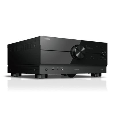 Yamaha RX-A4A Receiver AV, vedere din stânga față, negru, butoane mari de control și porturi frontale vizibile.
