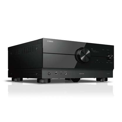 Yamaha RX-A4A Receiver AV, vedere din stânga față, negru, butoane mari de control și porturi frontale vizibile.