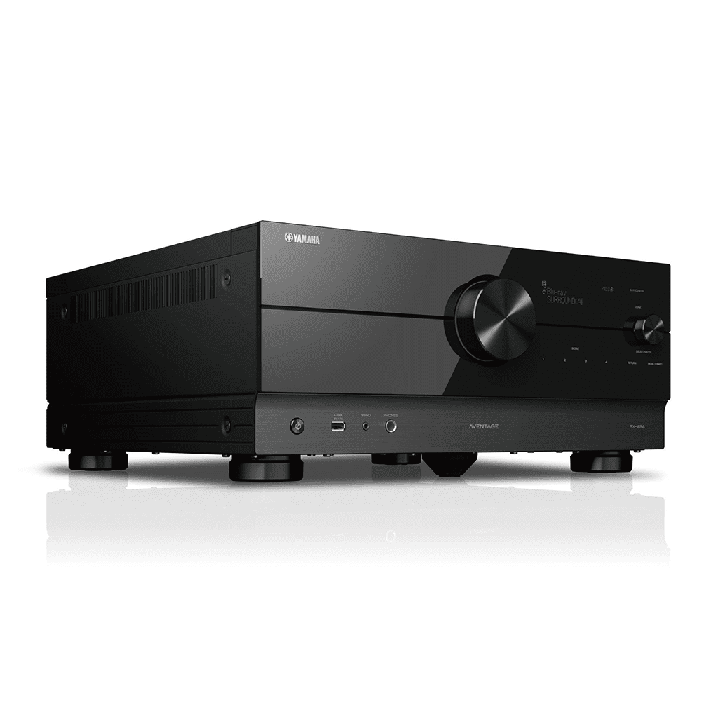 Yamaha RX-A8A Receiver AV, unghi lateral, culoare neagră, afișează buton volum mare și porturi frontale vizibile.
