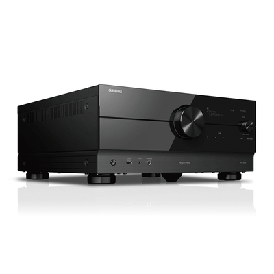 Yamaha RX-A8A Receiver AV, unghi lateral, culoare neagră, afișează buton volum mare și porturi frontale vizibile.